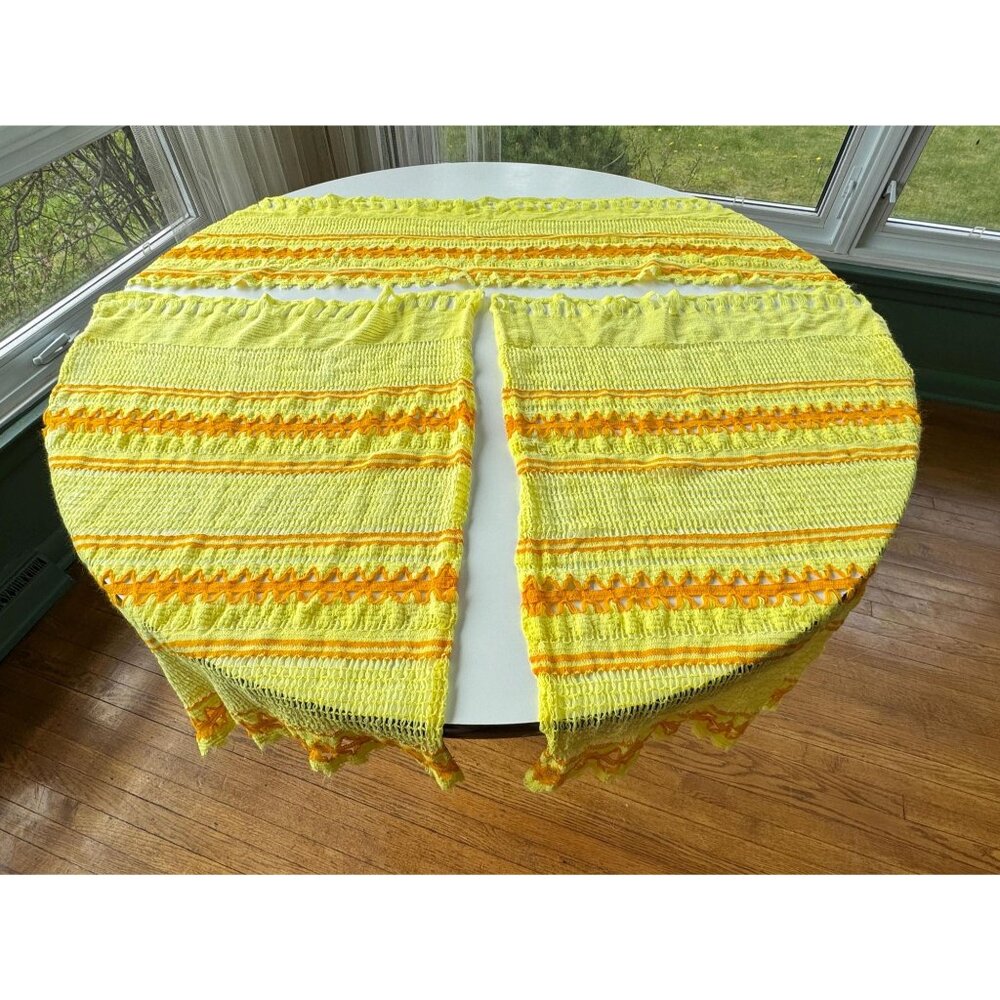 Vintage 70s cafe curtain, yellow orange embroidered, set 2 panels 1 valance